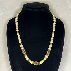 1928 Gold Tone Filigree Faux Pearl Necklace